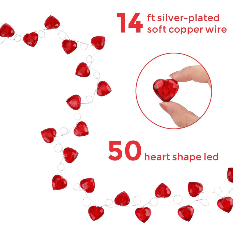 Luditek Valentines Day Decor 50 LED Diamond Cut Red Heart Twinkle Fairy String Lights for Weddings Dating Valentines Day Garland Indoor Outdoor Home Decorations, 8 Lighting Modes with Timer 1