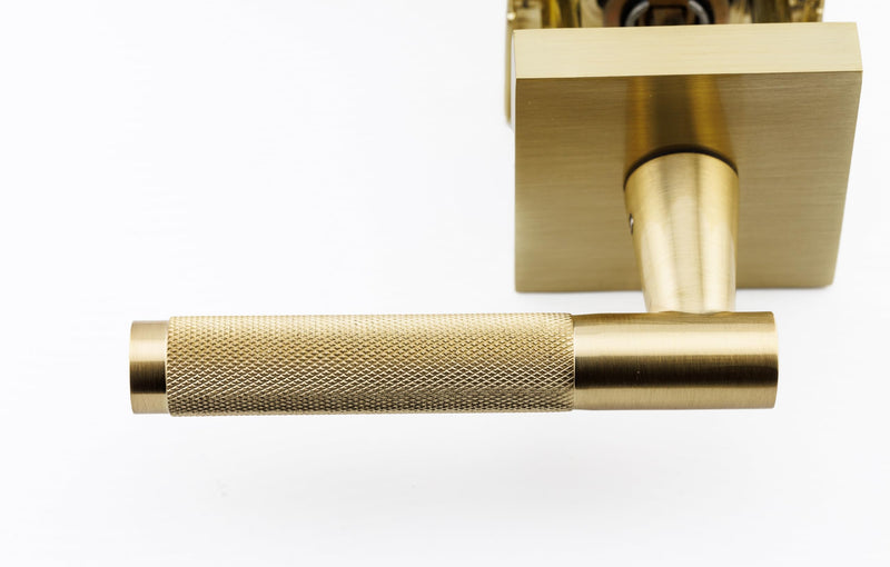 Premium Polished Satin Brass Door Handles for 1 3/8" - 2" Compatible Doors – Soft Gold Handles Interior with Lock - Easy Installation, Reversible, Button Lock (Privacy Lock)- Designed by Architects Privacy (Locking)