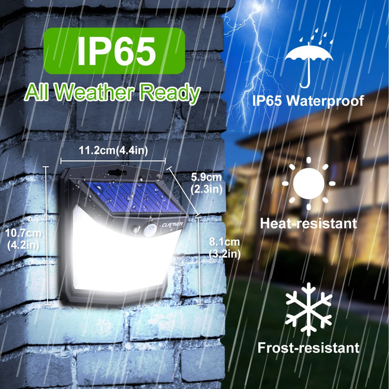CLAONER Solar Lights Outdoor, [128 LED/4 Packs] Motion Sensor Lights 3 Working Modes for Outdoor with 270° Wide Angle Wireless IP65 Waterproof Security Light for Fence, Patio, Cold White 4 Packs