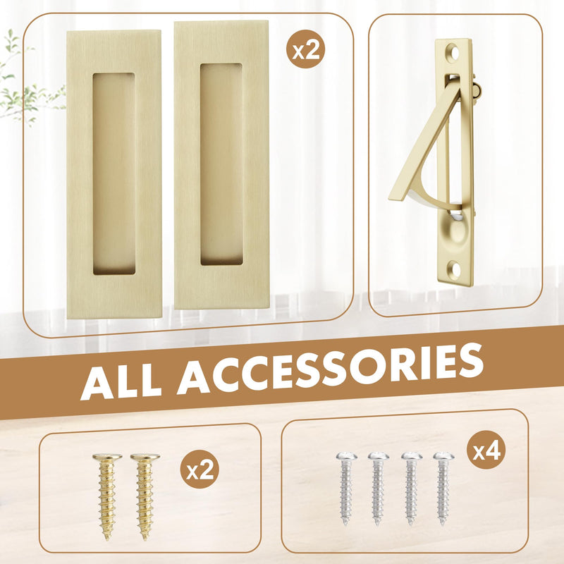Pocket Door Hardware Set – 2 Recessed Flush Finger Pulls & 1 Edge Pull, Made of 304 Stainless Steel, Template Included, Gold