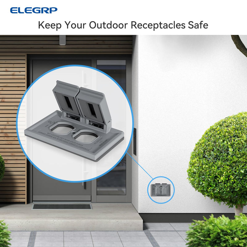 ELEGRP Horizontal Outdoor Cover for Duplex Receptacles, 2-Hole Weatherproof Wall Plate, Outdoor Electrical Outlet Cover, Standard Size 1-Gang 4.55” x 3.02”, Thermoplastic, 1 Pack, Grey Grey-Horizontal (2 Holes)
