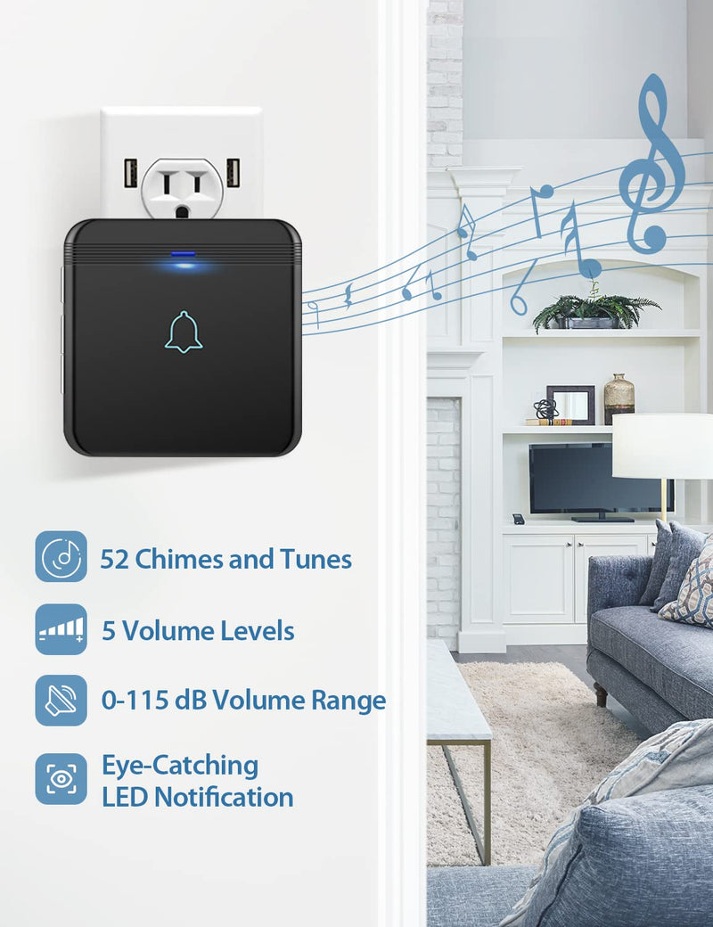 AVANTEK Wireless Doorbell, D-3B Waterproof Door Chime Kit Operating at over 1300 Feet with 2 Plug-In Receivers, 52 Melodies, CD Quality Sound and LED Flash Black