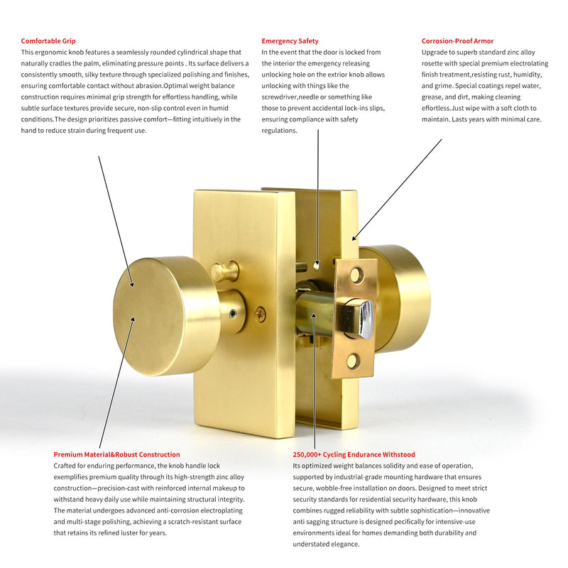 Brushed Satin Brass Golden Privacy Door Knob with Reversible Keyless Push Lock Modern Rectangle Interior Handle for Bedroom Bathroom, Heavy Duty & Easy Installation (Golden Long Plate Lock) Golden Long Plate Lock