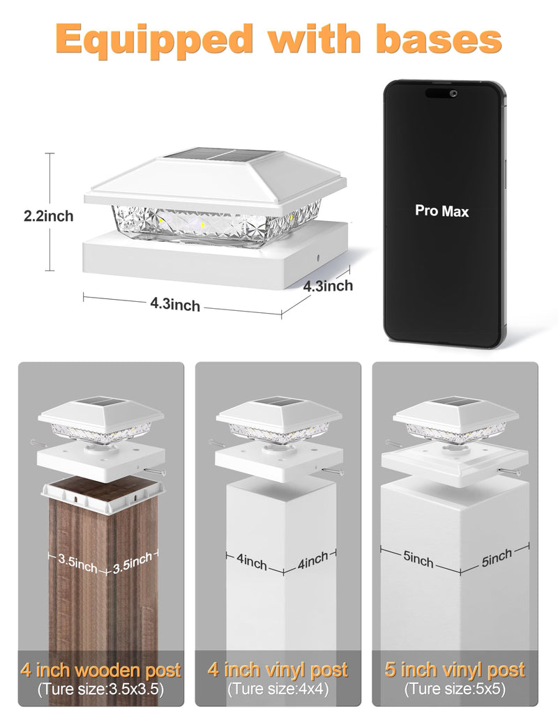 VOLISUN 4x4 Solar Fence - Post Lights 6pack, Post Cap Light Outdoor Waterproof, Whtie Deck Cap Light Solar Powered with Warm White,for 4x4 Wooden/4x4 or 5x5 Vinyl 6 PACK