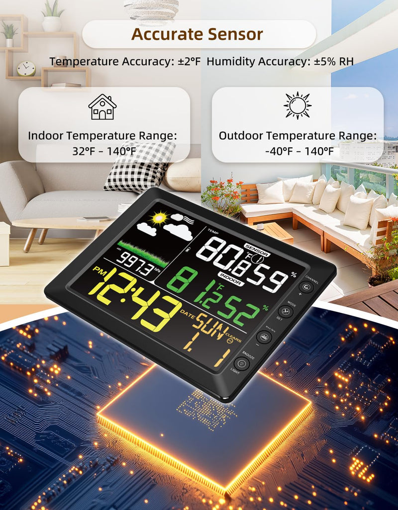DOOMAY Indoor Outdoor Wireless Weather Station | Digital Thermometer Hygrometer Monitor with Barometric Pressure, Weather Forecast, Alarm Clock & Temp/Humidity Calibration
