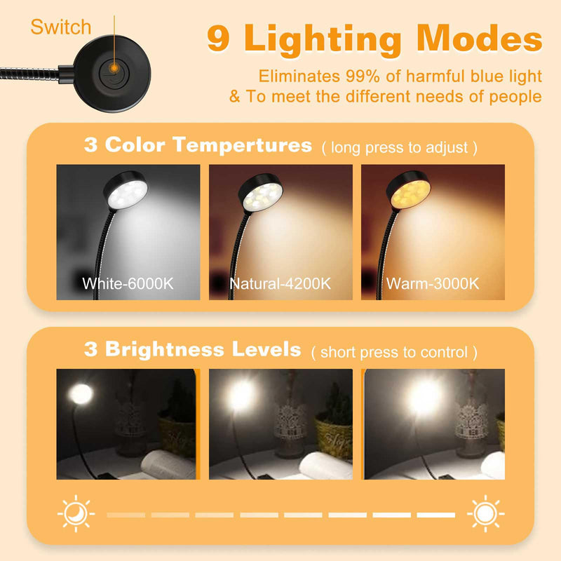 Rechargeable Book Reading Light - Adjustable Brightness, 3 Color Temperatures, 30+ Hours Runtime - Eye Care 10 LED Lamp for Reading for Bed