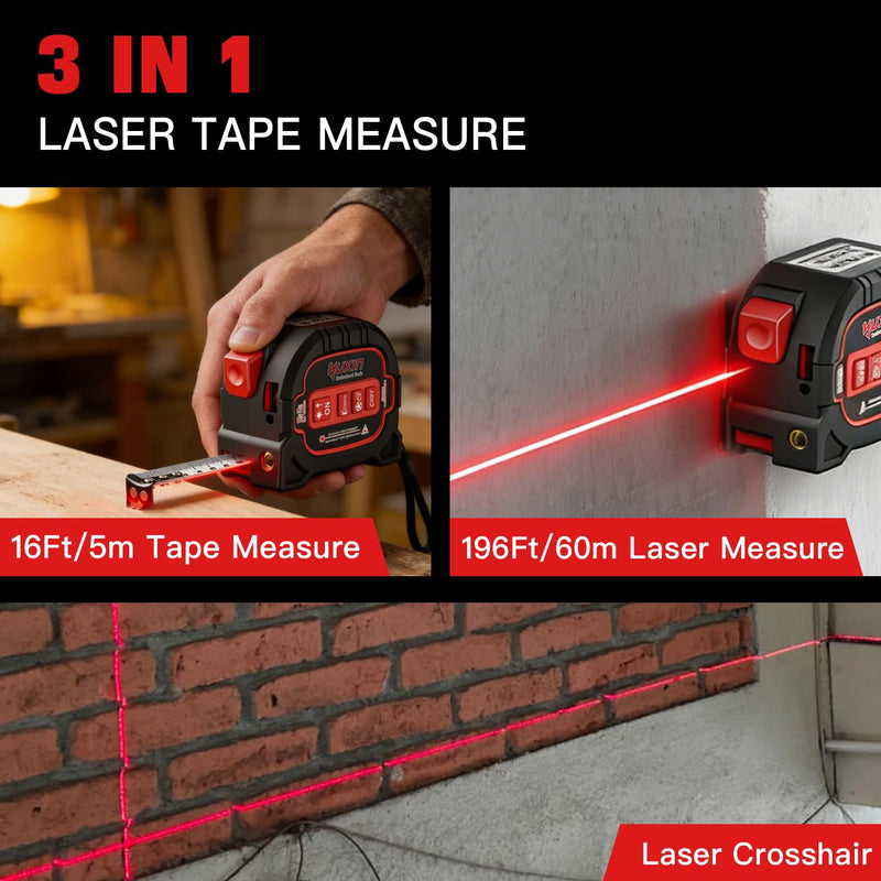 3-in-1 Laser Tape Measure - 196ft Max Laser Distance Meter & 16ft AutoLock Measuring Tape, ±1/16" Professional Precision, Type-C Rechargeable, Magnetic Hook, 6 Mode for Construction