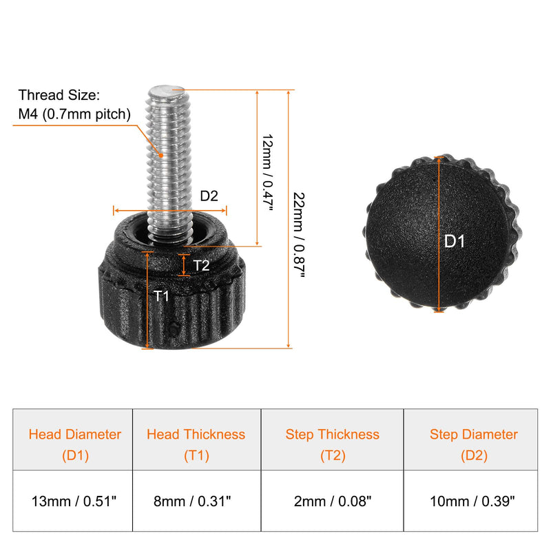HARFINGTON 10pcs Knurled Clamping Knobs Thumb Screws M4 x 12mm Metric Male Thread 13mm Matte Plastic Head 304 Stainless Steel Stud Hand Threaded Knob Thumbscrew Handle, Black M4 x 12mm x 13mm