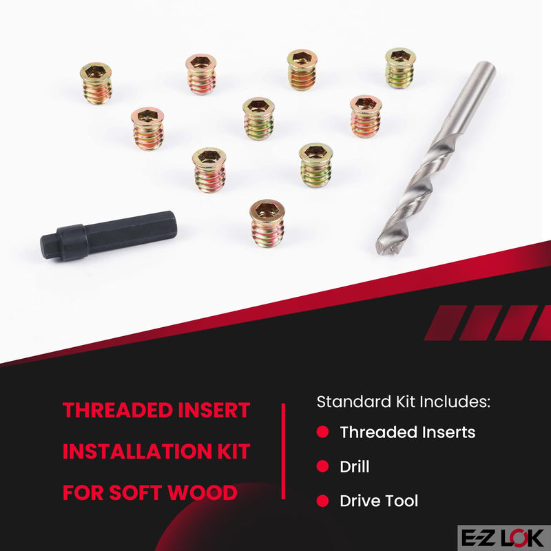 E-Z LOK Threaded Inserts for Wood, Repair Installation Kit, Includes Steel Hex Drive Flanged Thread Inserts, 5/16-18 Internal Thread, 15mm Length, Drill, Installation Tool
