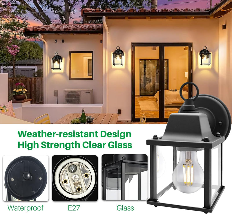 Outdoor Wall Lantern, Exterior Waterproof Wall Sconce Light Fixtures, Black Front Door Wall Lighting with Clear Beveled Glass Shade, 2 Pack 8.27 inch