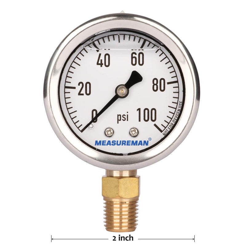 MEASUREMAN 2" Dial Size, Glycerin Filled Plumbing Pressure Gauge, 0-100psi, Black Steel Case, 1/4" NPT Lower Mount 0-100 psi Lower Mount Single Scale