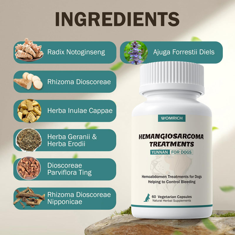Blood Support for Dogs, Yunnan Sanqi Capsules for Dogs for Hemangiosarcoma, Hemoabdomen, Pericardial Effusion, Cancer Bleeding, Severe Bruising, Ulcer-Related Bleeding, Bloody Stools - 60 Capsules Chicken