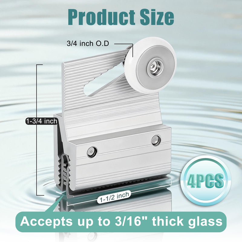 (4-Pack) M 6145 Frameless Shower Door Rollers Top Bracket Assembly - 3/4" Round Plastic Wheel with Ball Bearings, Extruded Aluminum Chrome Finish - Replacement Hardware Kits for Glass Sliding Doors