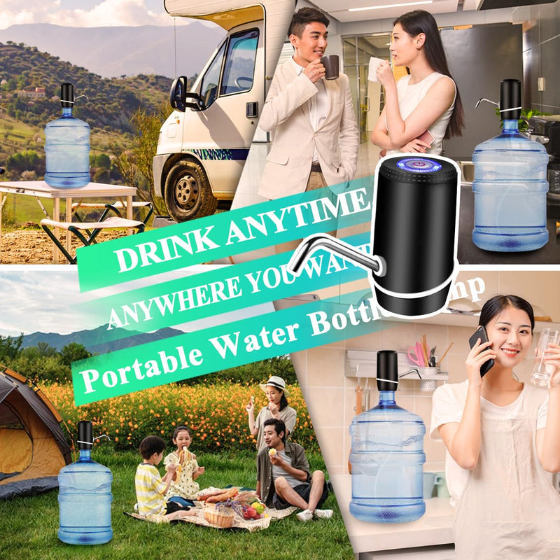 Water Dispenser for 5 Gallon Bottle, Electric Water Pump for 5 Gallon Jug with Switch and USB Charging, Portable Automatic Water Jug Dispenser for Camping, Travel, Home, Kitchen, Office Black