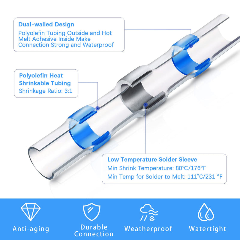 Kuject 300PCS Blue Solder Seal Wire Connectors, Waterproof Self Solder Heat Shrink Butt Connector Solder Sleeve Electrical Butt Splice for Automotive Marine Boat Trailer Truck 16-14 Awg 300