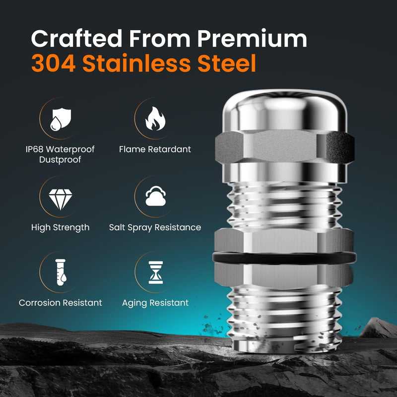 QILIPSU 4pcs 1/2" NPT 304 Stainless Steel Cable Glands, Extended Thread IP68 Strain Relief Waterproof Cord Connector Grommet, Wire Pass Through Grip 4