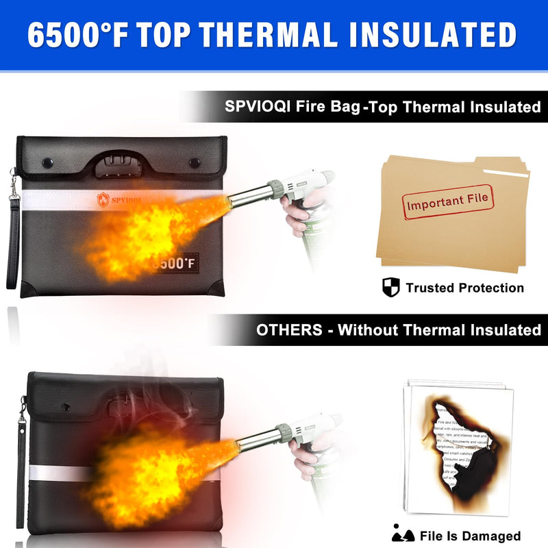 6500°F Upgraded Fireproof Document Bag with Lock, Fire proof Money Bag for Cash w. Zipper/Reflective Strip, 10 Layers of Heat Insulated Materials, Water Resistant Fireproof Bag for Documents, Fire Bag Black Large