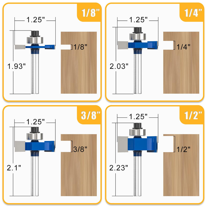 4Pcs Rabbet Router Bit 1/4" Shank with 6 Bearings Set - 1/16", 3/16", 1/4", 5/16", 3/8", 7/16". Interchangeable Bearings with 1/2" to 1/4" Router Collett