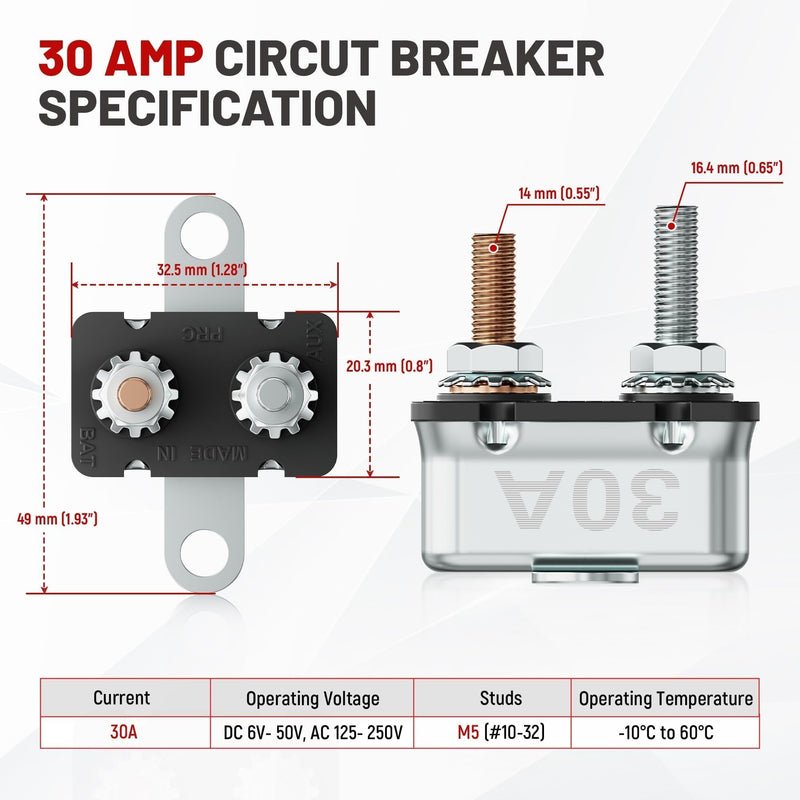 RED WOLF (30A 1PCS) DC 6V-50V Automatic Reset Circuit Breaker #10-32 Stud Bolt Type Circuit Breaker with Metal Fuse Housing Pre-Trimmed Cover Reusable for Boat Marine Trolling Motor RV Battery System 30A 1PCS