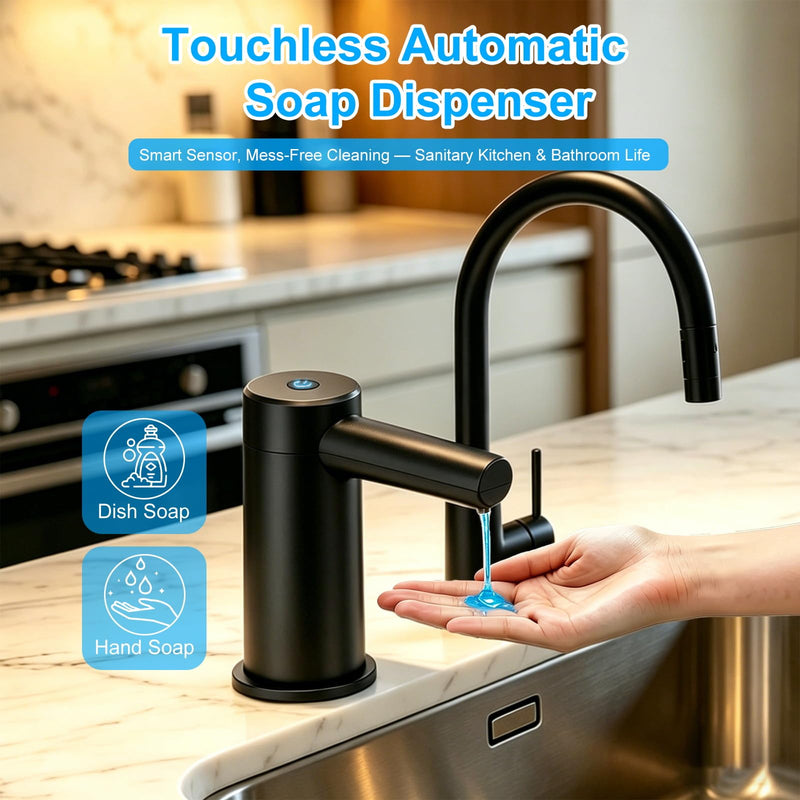 Automatic Touchless Dish Soap Dispenser for Kitchen Sink, Two Adjustable Dispensing Sink Soap Pumps, 38" Tube, Leak-Proof Plug-in, Built-in Fit for Bathroom Commercial (Black) Black