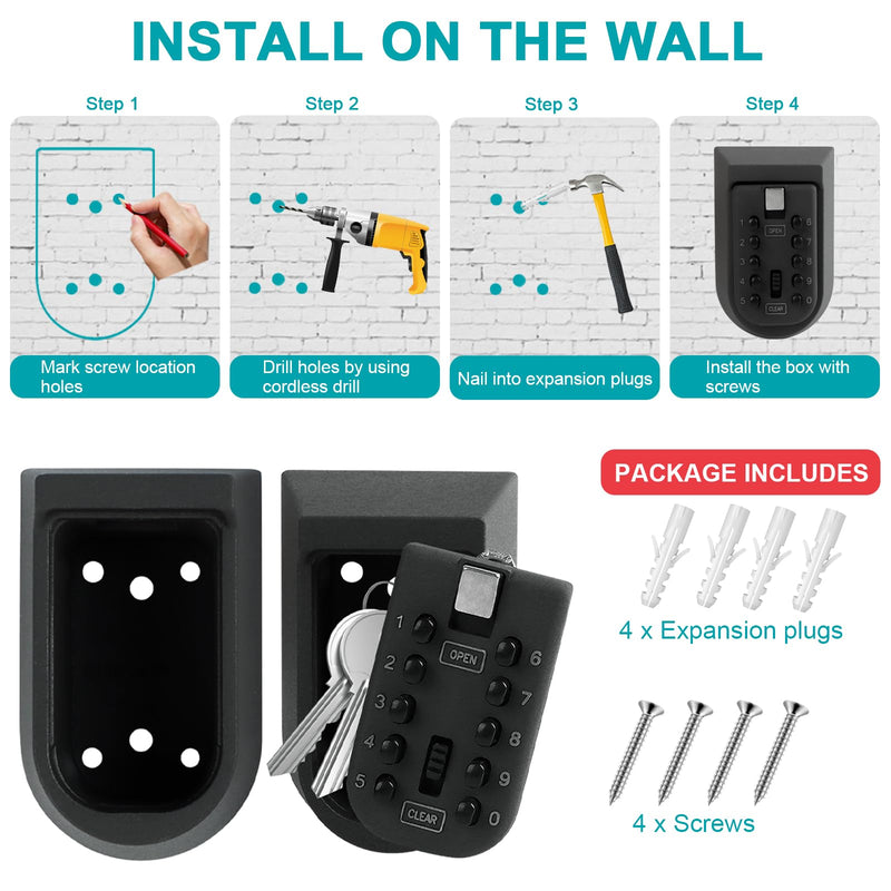 KAYCROWN Key Lock Box for Outside, Wall Mount Combination Lockbox Outdoor Lock Box for House Keys, Key Safe Storage Lock Box, Security Lockbox for Outside, Home, Office, Apartment Spare Key Storage