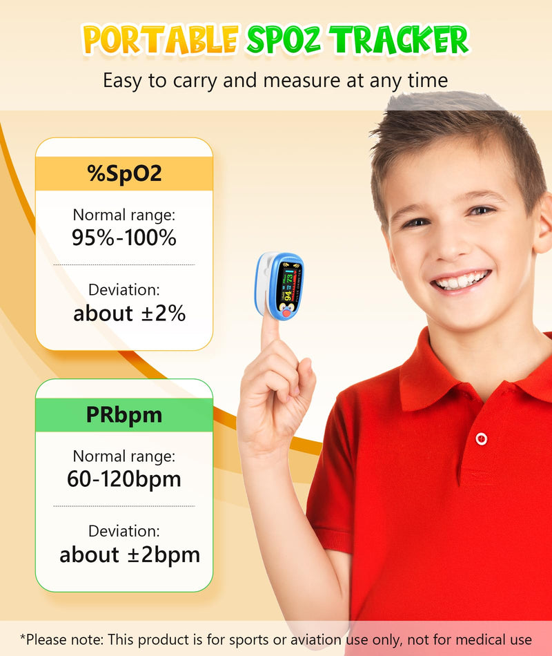 Fingertip Pluse Oximeter for Small Fingers, USB-C Rechargeable Oxygen Monitor, Cute Cartoon Design, Sports & Aviation Use, Applicable for Kids & Children (Blue)