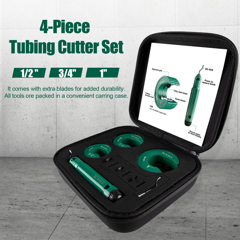 3pcs Close Quarters C-Style Copper Pipe Cutter Set 1/2-3/4-1" for Aluminum Brass Tube Cutters with Deburring Tool, Spare Wheels & Blade for Tight Spaces