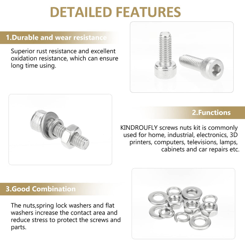 352 Pieces M4 x 6/8 /12/16 /20/25 /30mm Hex Socket Head Cap Screws Nuts Washers Assortment Kit, 304 Stainless Steel, Fully Machine Thread