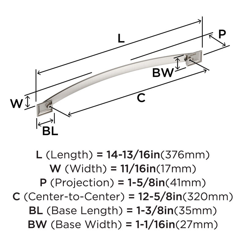 Amerock 12-5/8" Candler Satin Nickel Drawer Pull | 12-5/8 inch (320mm) Center-to-Center Mounting Distance and 14-13/16 inches Overall Length, Durable Zinc Cabinet Hardware 12-5/8 Inch (320 mm) Center-to-Center