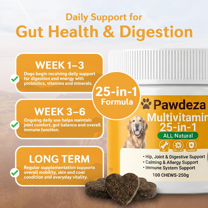 25-in-1 Dog Multivitamin Soft Chews – Hip & Joint, Skin & Coat, Immune, Digestive & Calming Support – 500M CFU Probiotics, Salmon Oil, Glucosamine & Chondroitin