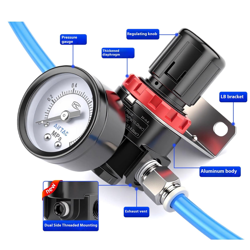 Low Pressure Air Compressor Regulator Airtac AR2000-C 1/4'' NPT with Bracket and Gauge 0-60 PSI Adjustable Low Pressure AR2000C 1/4'' NPT 0-60 PSI