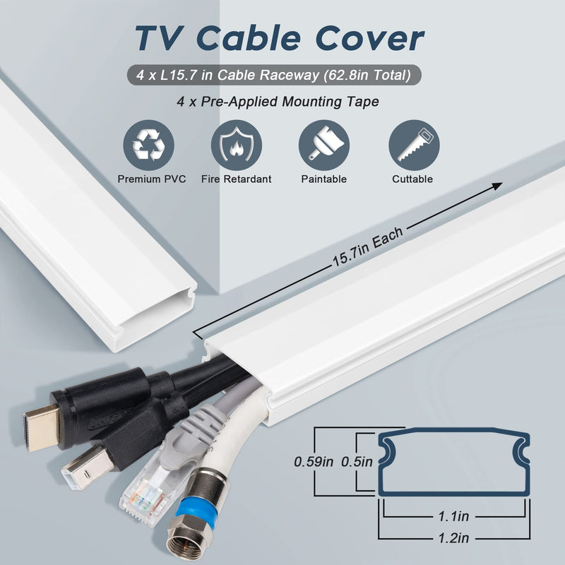 TV Cable Hider - 62.8in PVC Cord Hider Cable Management Wall, Paintable Cable Concealer for Wall Mounted TV, Cable Raceway White Wire Hider, Wall Wire Covers for Cords, 4* L15.7in *W1.2in *H0.59in Large