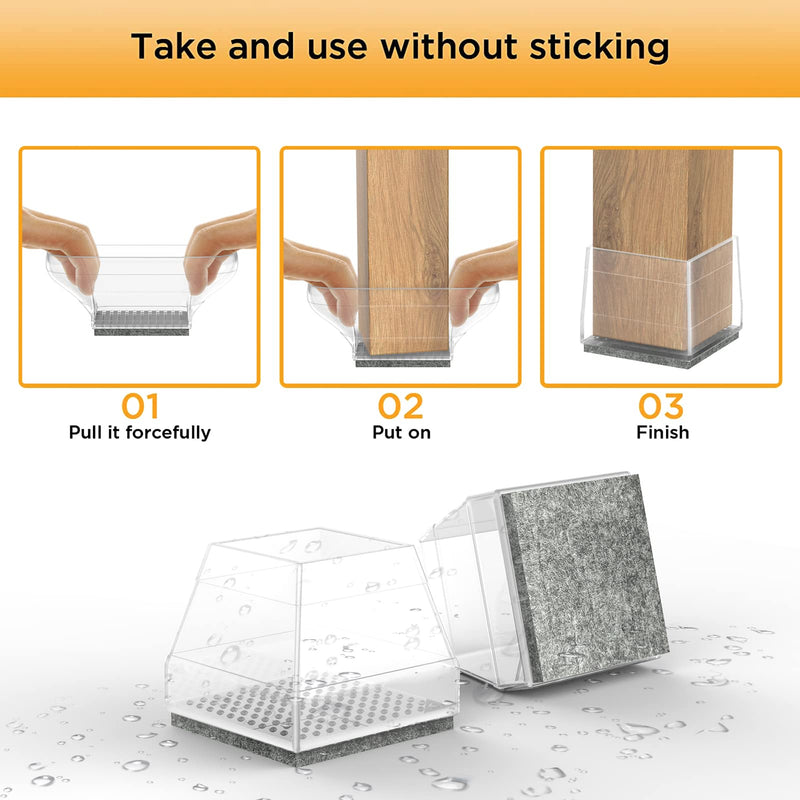 Square Chair Leg Protectors for Hardwood Floors,16 Pcs Silicone Felt Furniture Legs Caps to Prevent Floor from Scratches and Reduce Noise, Easy to Move,1.26-1.57",Clear. Clear Square L(1.26-1.57")