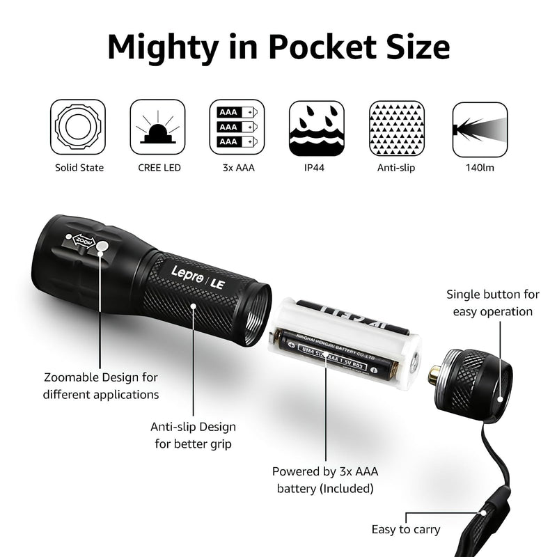 Lighting EVER LED Flashlights High Lumens, Small Flashlight, Waterproof, Adjustable Focus Flash Light for Outdoor, Emergency, Camping, AAA Batteries Included, 4 Pack Black
