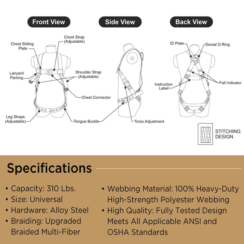 AFP Universal Full-Body Safety Harness w/Dorsal D-Ring Tongue Buckle Legs High-Viz Green, Shock Absorbing Lanyard (OSHA/ANSI) 1 Pack Harness + Single Leg Lanyard W/ Snap Hooks - NewNest Australia