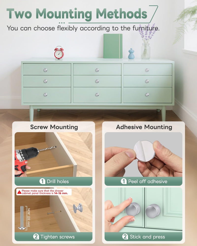 16-Pack Adhesive Drawer Knobs, Aluminum Alloy Stick on Cabinet Pulls for Kitchen, Bathroom, Wardrobe & Dresser - No Punching Peel and Stick Round Drawer Handle (16, Silver) 16