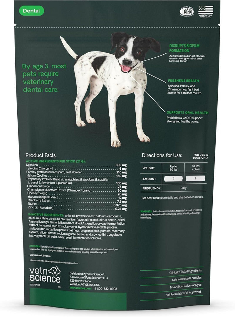 VetriScience Healthy Mouth Dental Chews, Perio Plus Sticks for Dogs, with Probiotics, Spirulina & Zeolites, Breath Freshening, Plaque & Tartar Control, Chicken, 30 Count 30 Chews