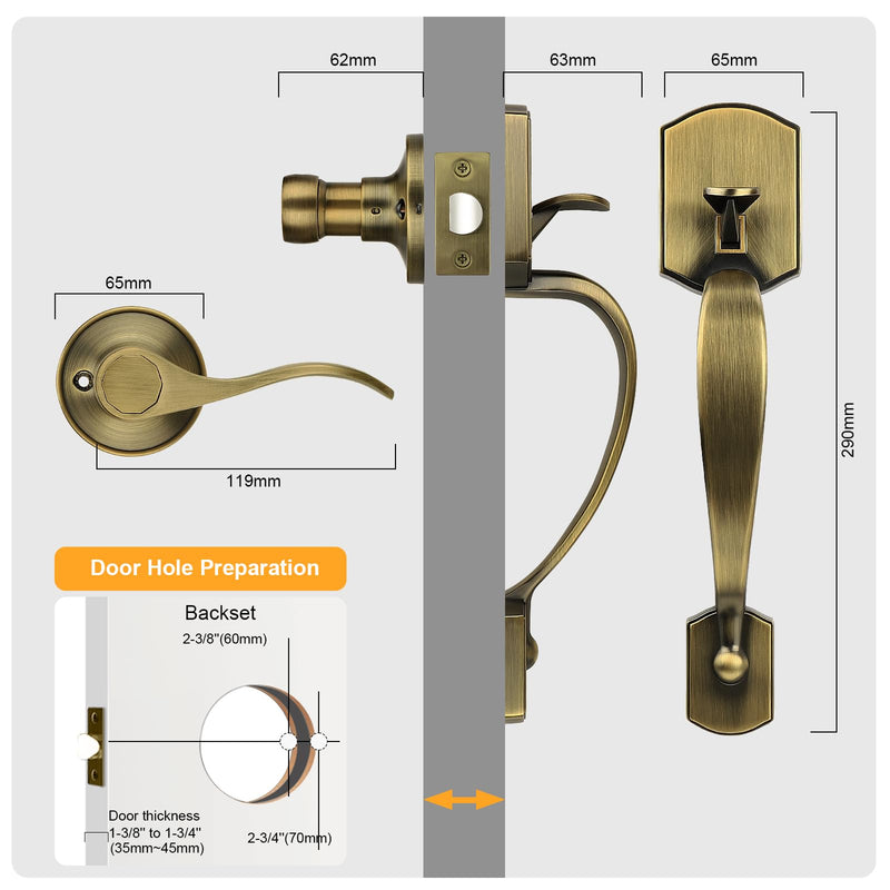 Probrico Antique Brass Lower Half Front Entry Handleset, Heavy Duty Entry Door Handle with Interior Reversible Handed Lever, Lock Grip Handle with Wave Lever Keyless Door Locks, 1Pack 1