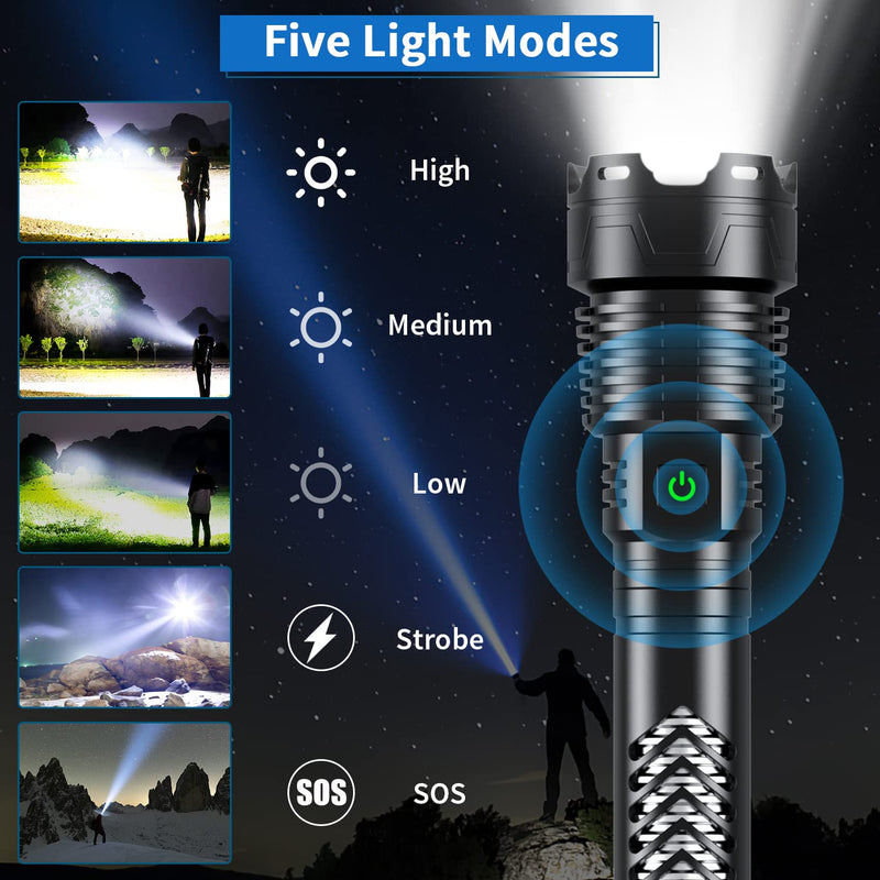 Rechargeable Flashlights High Lumens, 6000 Lumens Super Bright Flashlights with Long Handle, 5 Modes & Zoomable, 10000mAh Waterproof Powerful Handheld Flashlight for Camping Emergency
