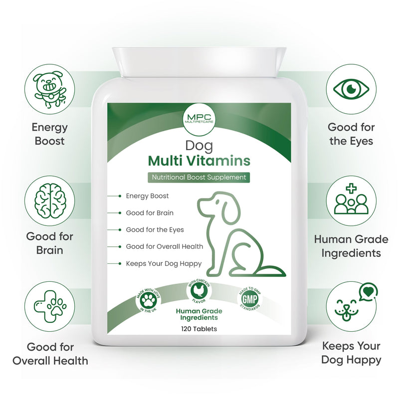 Dog Multivitamin 22-in-1 – Dog Vitamins and Supplements with Calcium, Zinc, Iron & Full B-Complex | Immune, Skin & Coat, Bone & Joint Support | Chicken Flavor Tablets | UK GMP | 120 Ct
