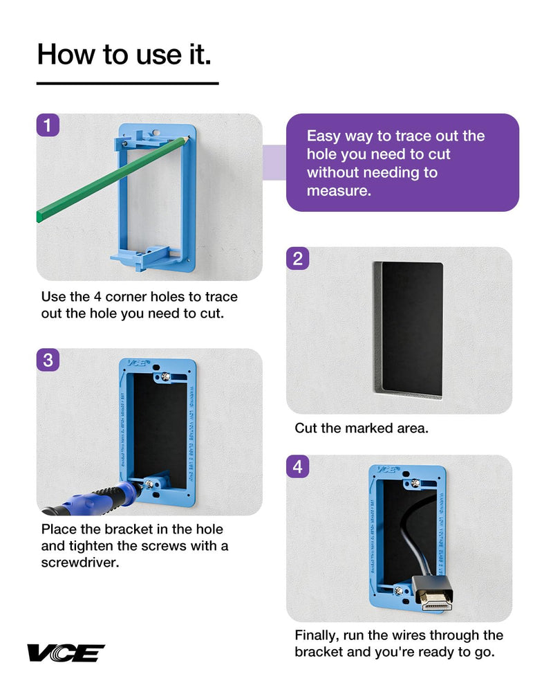 VCE Low Voltage Mounting Bracket Single Gang Wall Plate, Flush Low Voltage Box for Network, HDMI, Coaxial, Speaker, Telephone Cables, Blue, 5 Pack