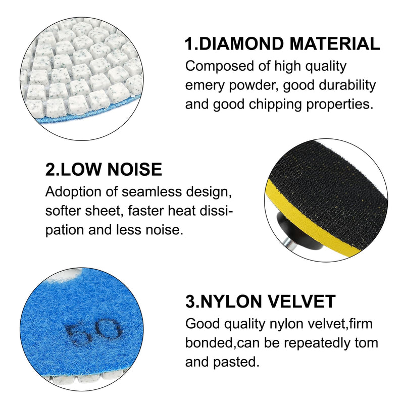 11 Packs 4 Inch Diamond Concrete Polishing Kit, 50-6000 Grit Wet/Dry Diamond Polishing Pad with Wool Disc, 5/8’’-11 Backer Pad and Drill Adapter for Granite Marble Concrete Stone Tile Polish