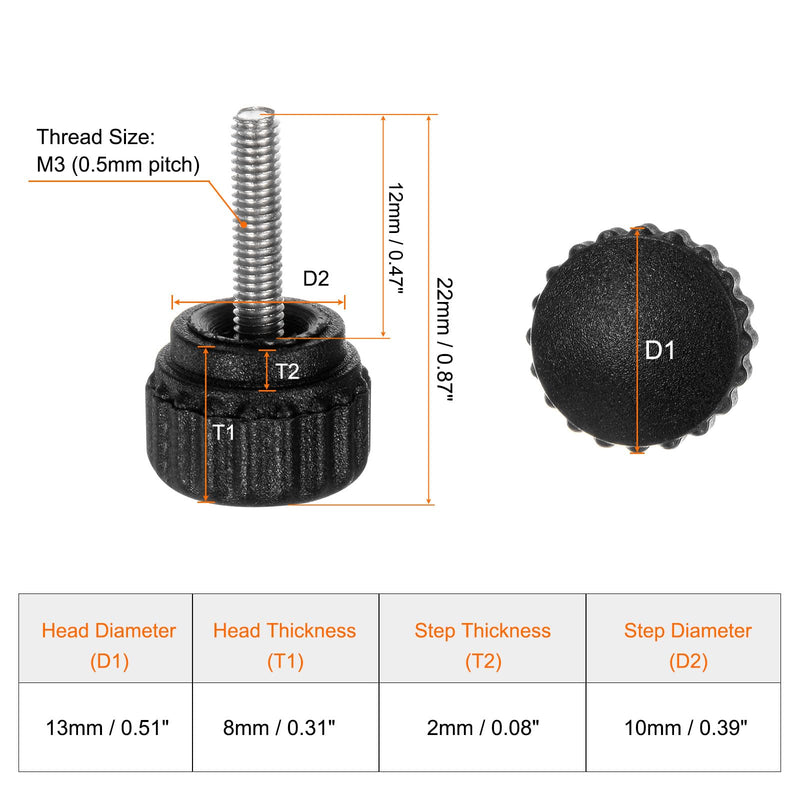 HARFINGTON 20pcs Knurled Clamping Knobs Thumb Screws M3 x 12mm Metric Male Thread 13mm Matte Plastic Head 304 Stainless Steel Stud Hand Threaded Knob Thumbscrew Handle, Black M3 x 12mm x 13mm