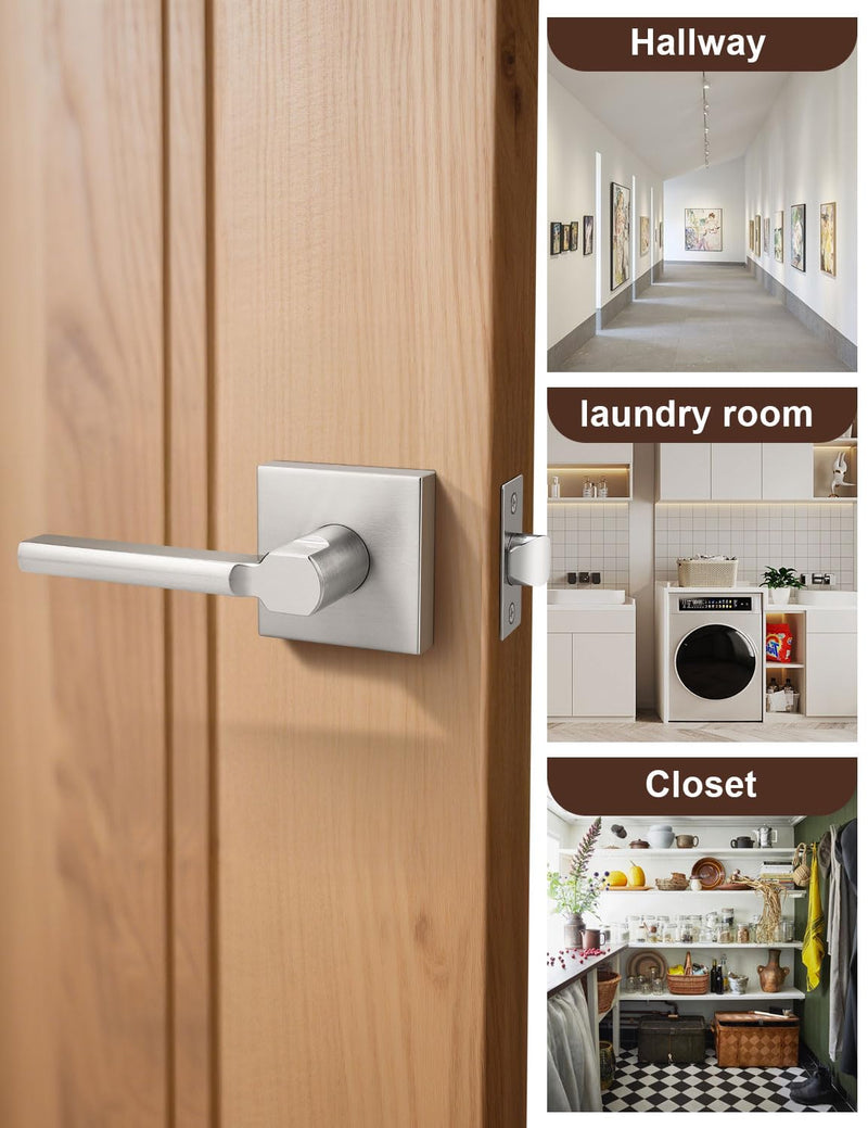 2 Pack Square Brushed Nickel Door Handles Interior, Non-Locking Interior Passage Door Lock Hallway/Closet Door Lever, Heavy Duty Modern Door Handle 2 Passage Door Lever