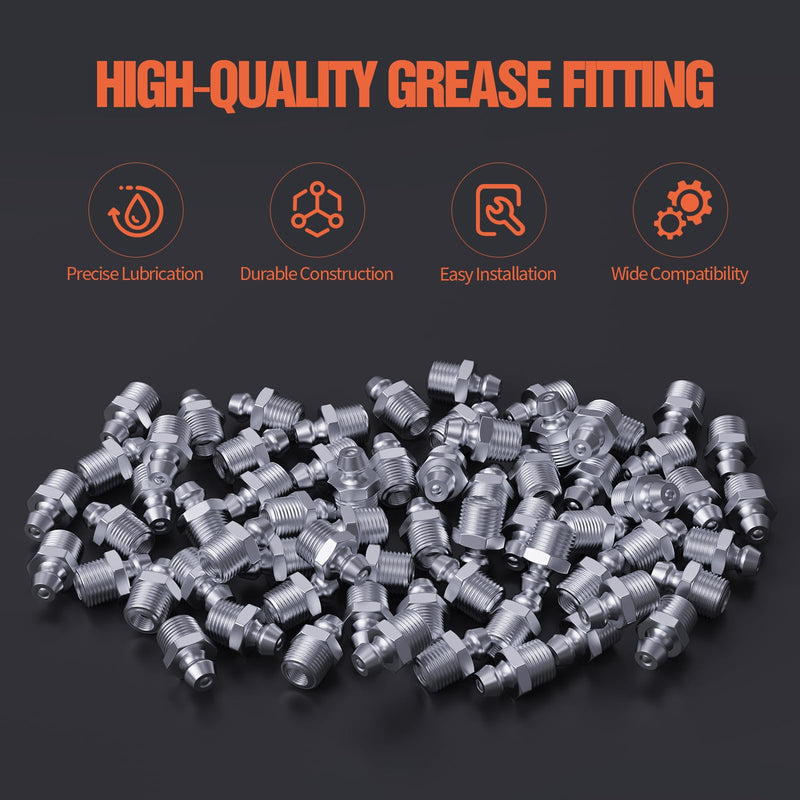 1/4"-28 Zerk Grease Fittings, SAE Grease Nipples with Straight, Grease Fittings Kit with Wrench for Quick Installation – Ideal for Automotive, Agricultural & Industrial Machinery (100pcs) 1/4"-28-St.(100pcs)
