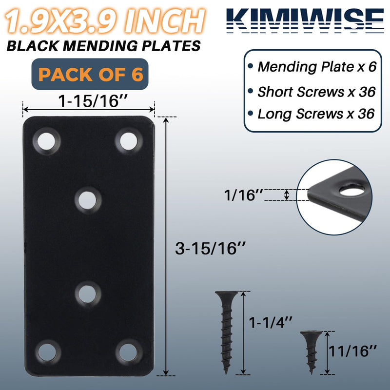 6 Pcs Flat Mending Plate, 1.9''x3.9'' Black Stainless Steel Metal Flat Straight Brace Bracket, Fixing Brace Joining Plates for Furniture, Wood, Shelves, Cabinet with 2 Different Lengths of Screws 6pcs-50x100mm/1.97x3.94''