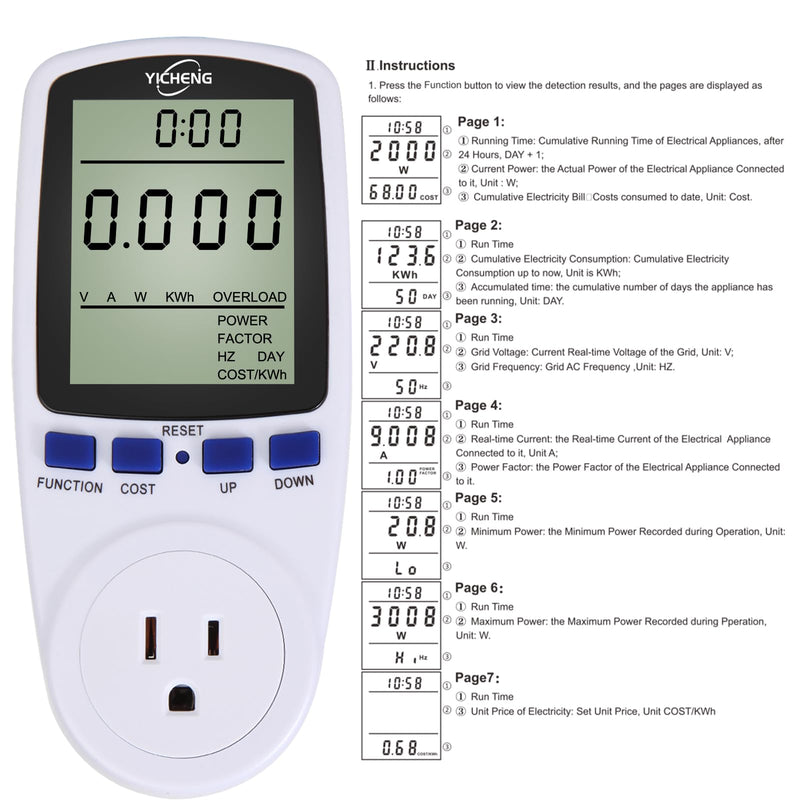 Electrical Usage Monitor,Watt Meter,Power Meter,Wattage Meter,Energy Voltage amp Meter Tester with,Overload Protection,7 Modes Display (no Backlight) no backlight