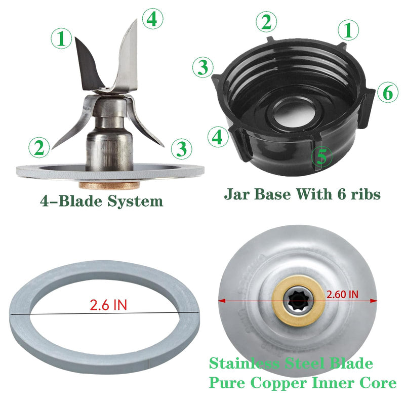 For Oster Blender Replacement Parts Blender Ice Blade with Jar Base Cap and Two Rubber O Ring Seal Gasket Accessory Refresh Kit，Compatible with Oster Blender