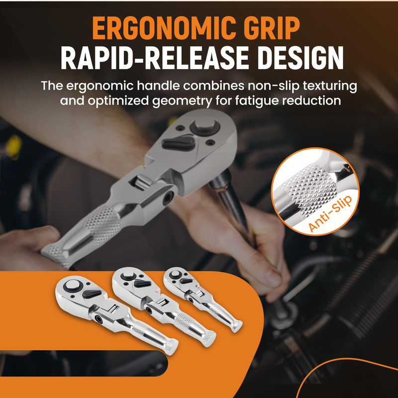 maXpeedingrods 3PCS Stubby Ratchet Set, Flex-Head Stubby Ratchet Wrench Set, 1/4", 3/8", 1/2" Drive Flexible Small Ratchet, 72-Tooth Reversible 1/4 Ratchet for Car & Home Repair, DIY, Mechanic Tool