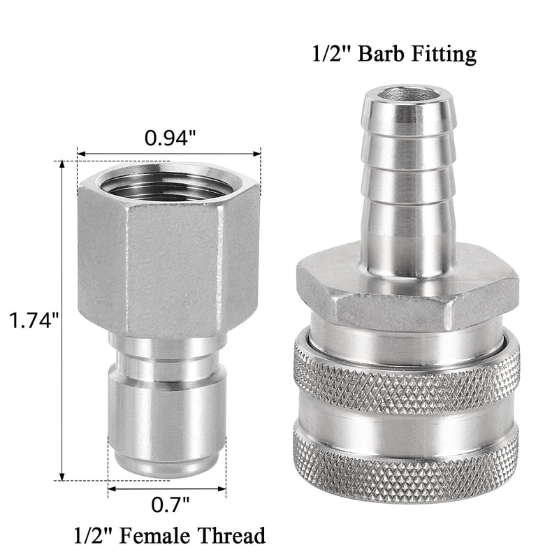 Beer Quick Disconnect Set Brewing Connector Kits, Stainless Steel 1/2 NPT Male Quick Disconnect 1/2” Female Quick Disconnect Fittings for Wort Pumps & Chiller with Sealing O-Ring (2 Pairs) 2 Pairs